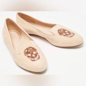 Alexander McQueen Peach Suede Skull Embroidered Smoking Slippers EU38.5 8.5 $495